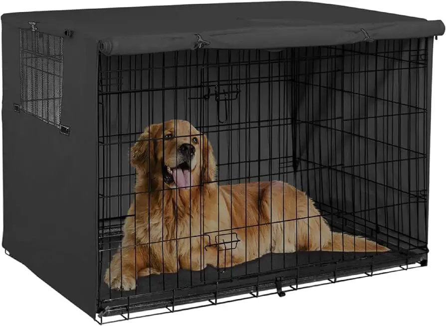 a black labrador puppy exploring a large plastic kennel with a fluffy bed inside.