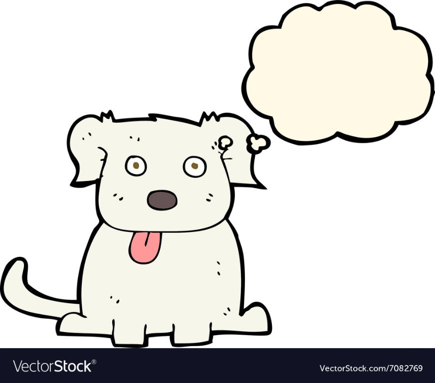 a cartoon image of a dog with thought bubbles containing symbols rather than words