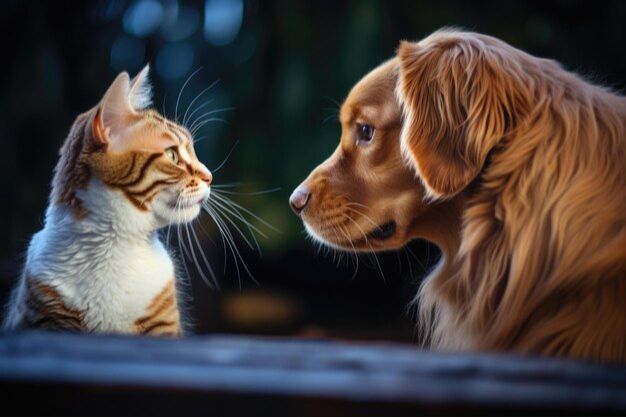 a cat and dog looking at each other