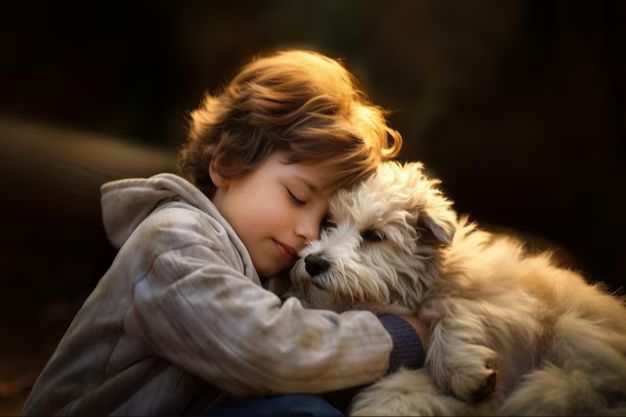 a child hugging their dog to show their loving friendship.