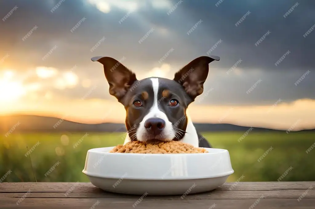 a dog eating food from a bowl