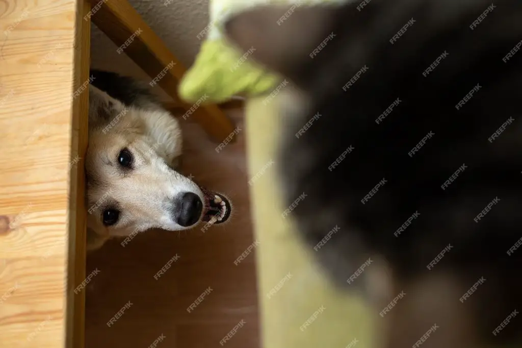 a dog hiding under a table