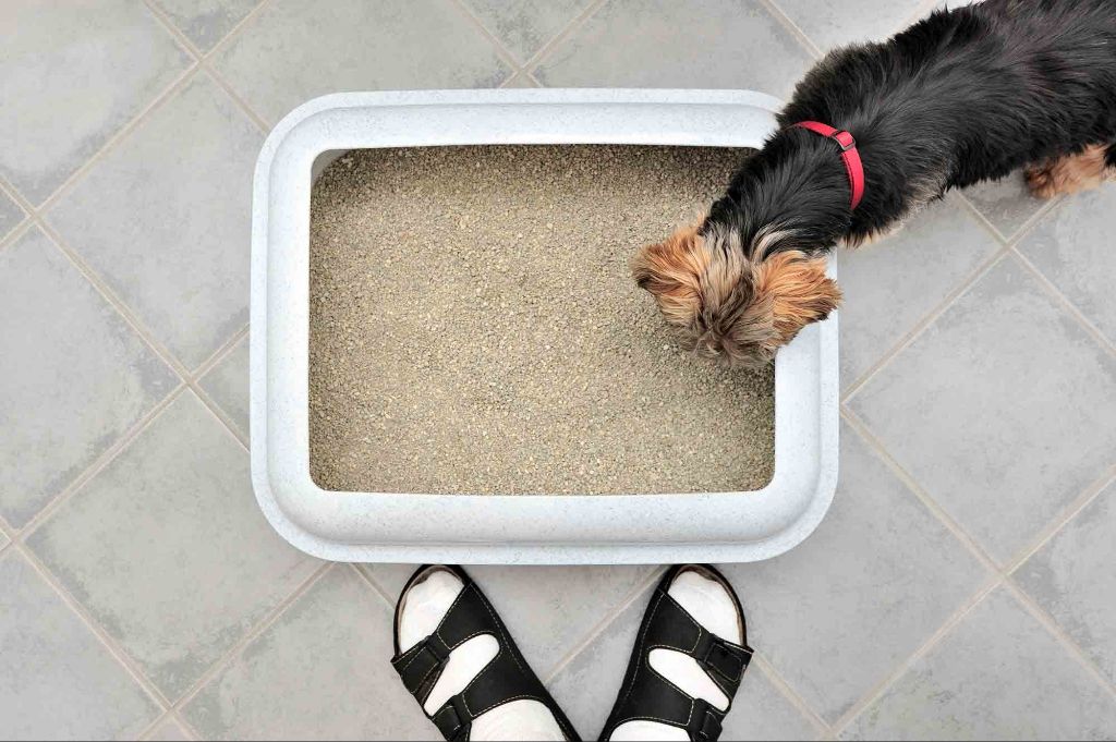 a dog looking longingly at a cat's litter box.