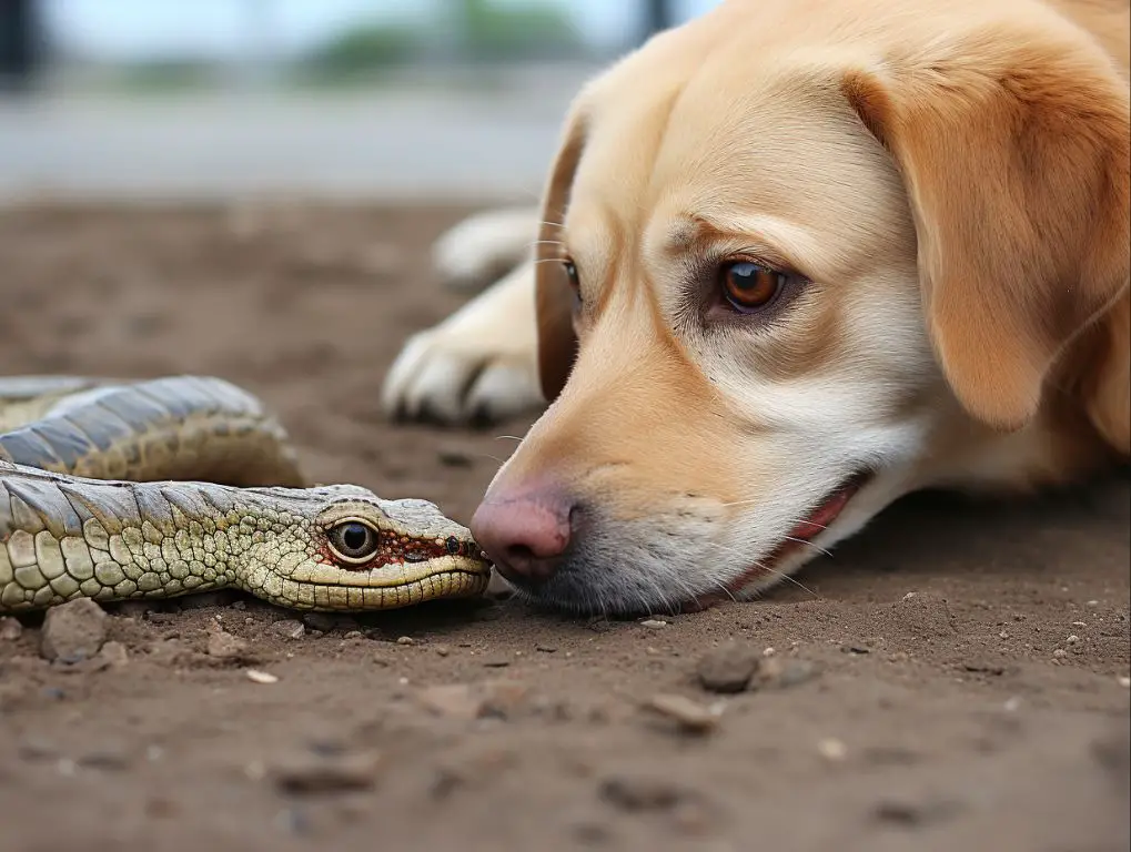 a dog staring down a snake