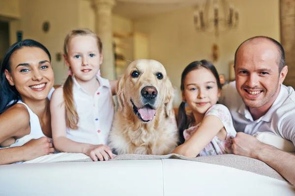 a dog surrounded by family members