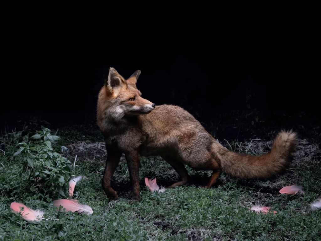 a fox in a field at night using its excellent night vision to hunt for prey.