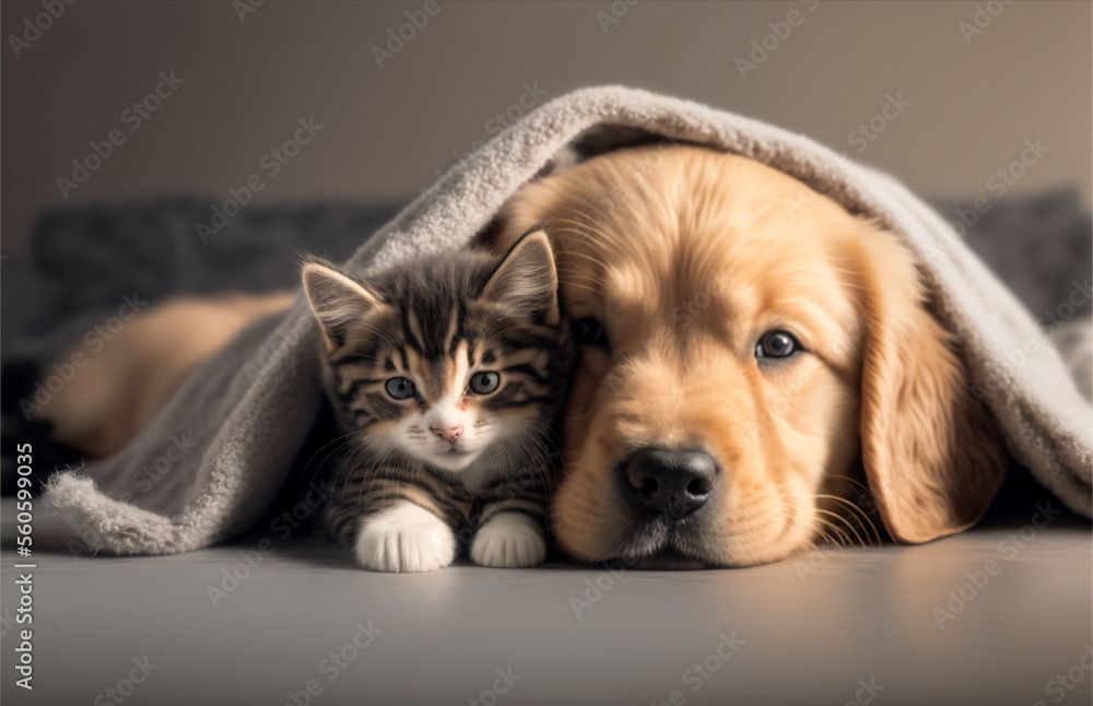 a golden retriever puppy and kitten cuddling