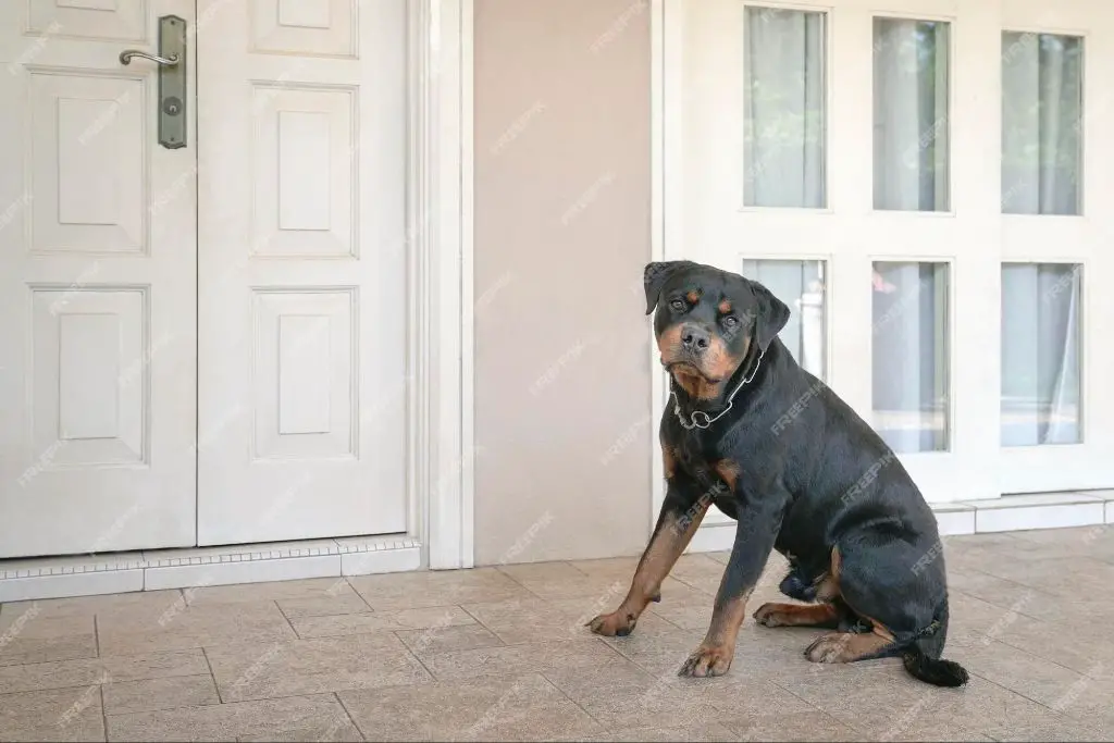 a guard dog barking and guarding a house