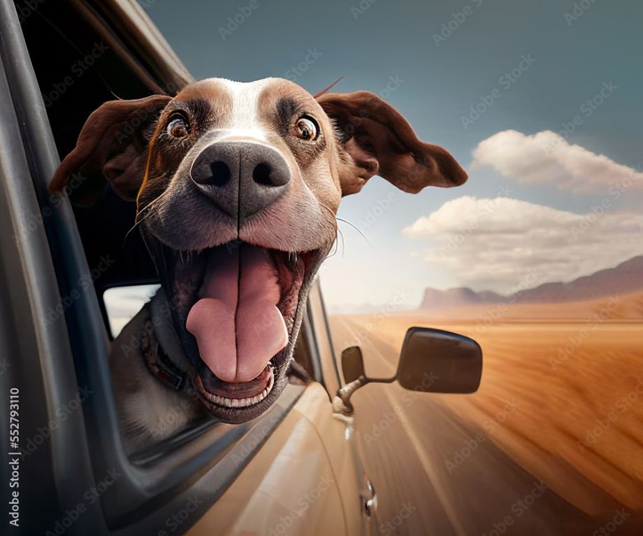 a happy looking dog with his head out a car window