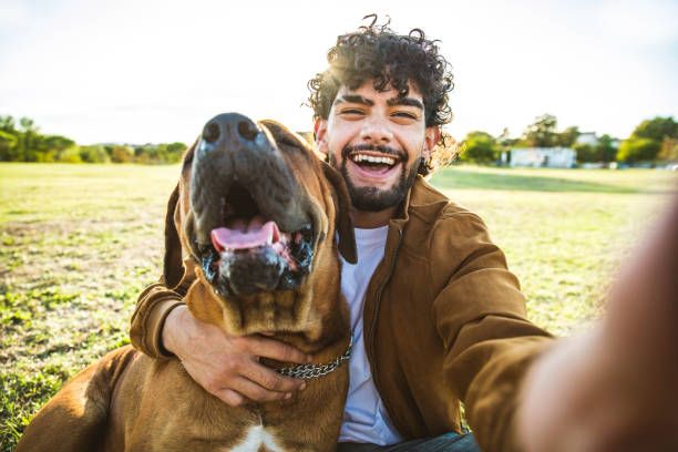 a happy person taking a photo of their dog in a national park