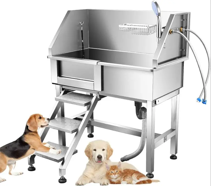 a home dog grooming station with proper equipment and cleaning supplies.