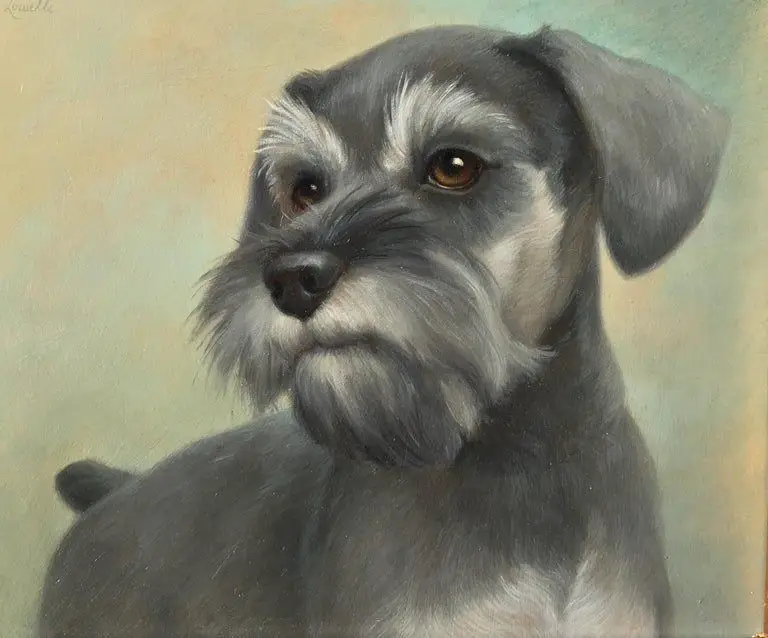 a painting from the 1800s depicting a schnauzer ratting on a german farm.