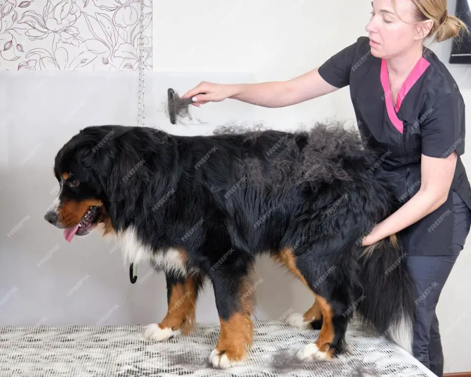 a person brushing a bernese mountain dog's fur