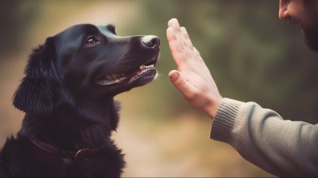 a person giving a dog a command