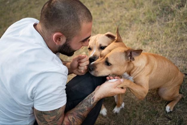 a person hugging their dog and calling it a good pup.