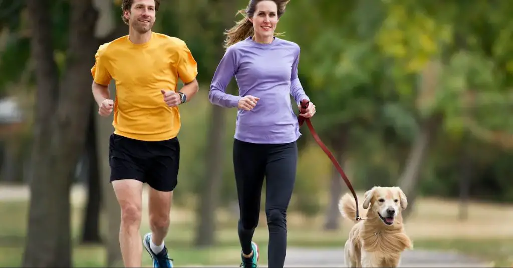 a person jogging with their energetic dog