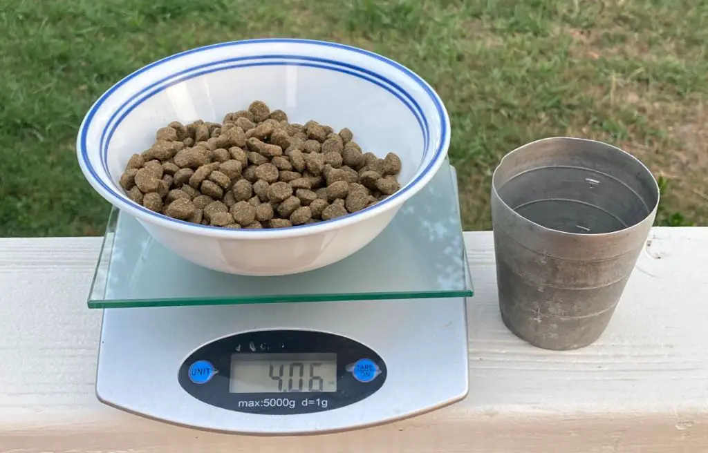 a person measuring out kibble to feed their dog a nutritionally balanced meal.