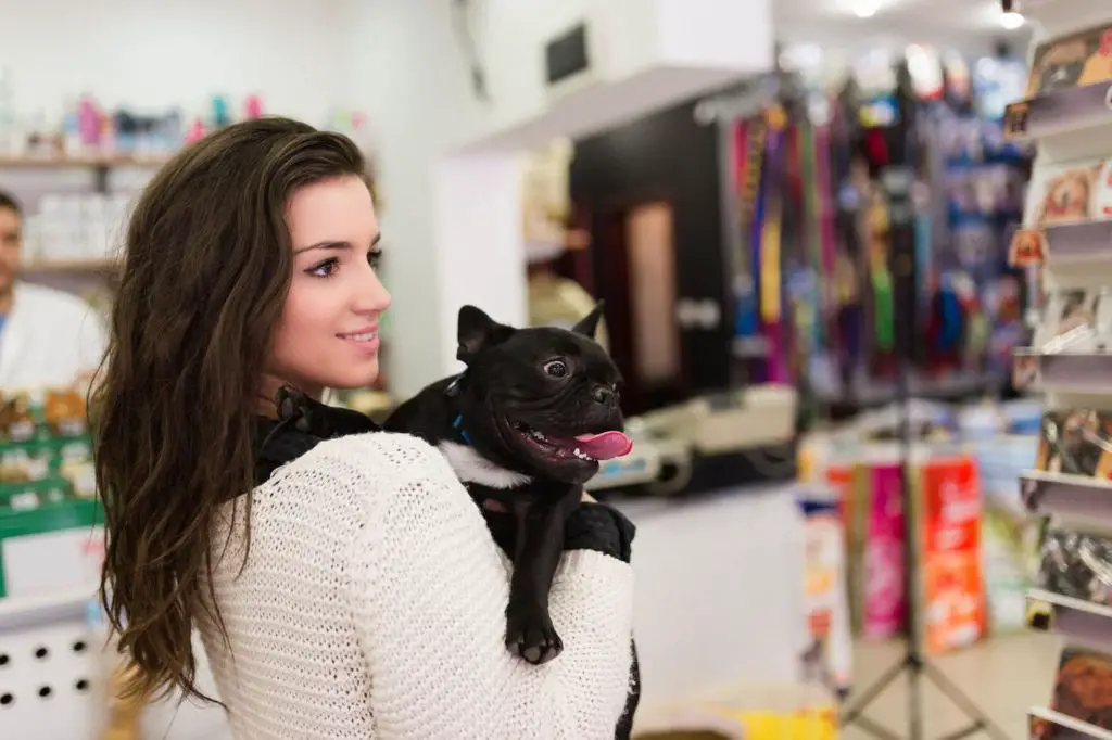 a person shopping with their small dog in a clothing store