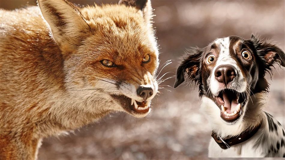 a person shouting and waving their arms to scare away a fox approaching their small dog.