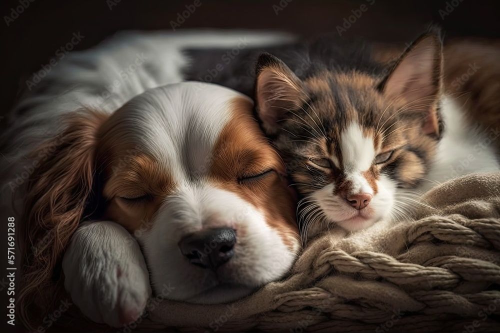 a puppy and a kitten napping together