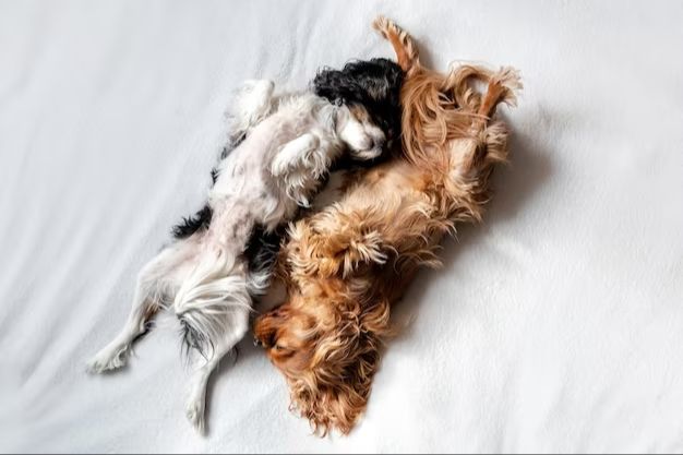 a puppy and senior dog napping together