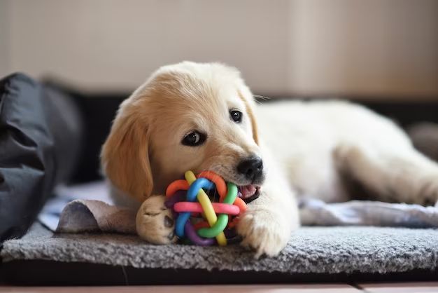 a puppy playing with a toy