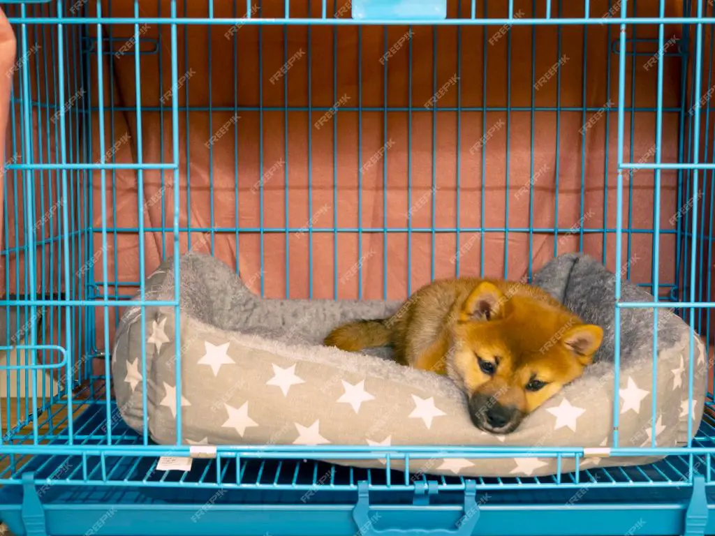 a puppy sleeping in a crate with some toys, located in the owner's bedroom.