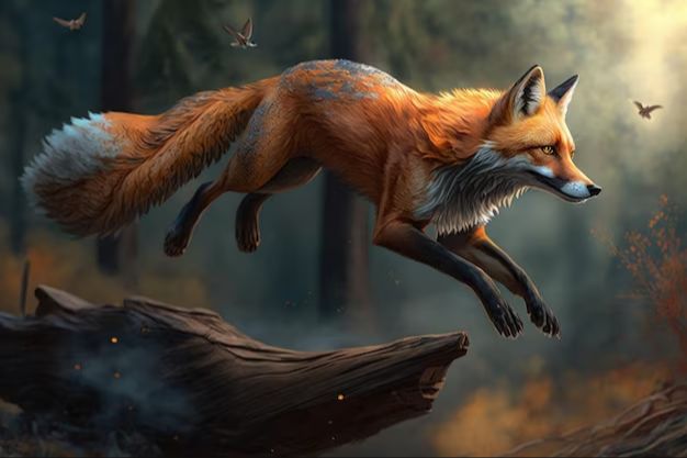 a red fox leaping gracefully over a log obstacle in the forest.