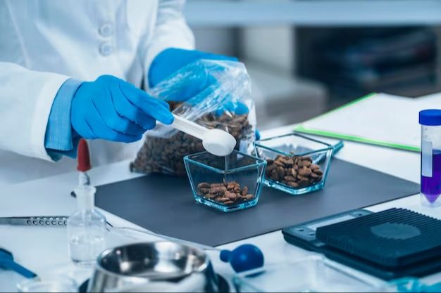 a scientist performing quality testing in a pet food lab.