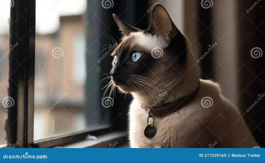 a siamese cat perched on a windowsill