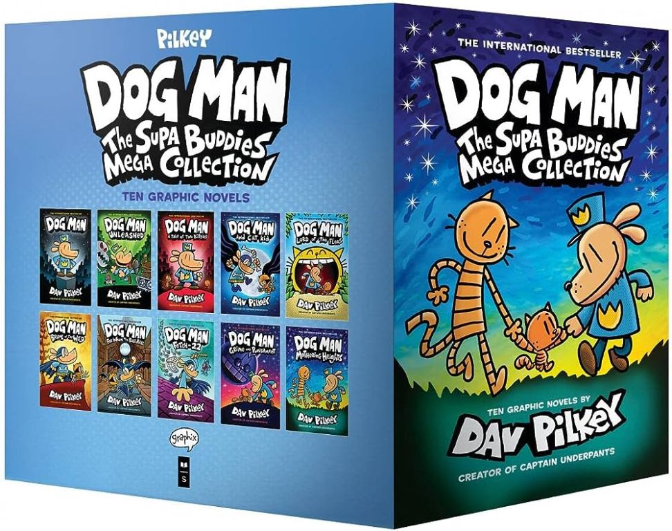 a stack of dog man books and merchandise