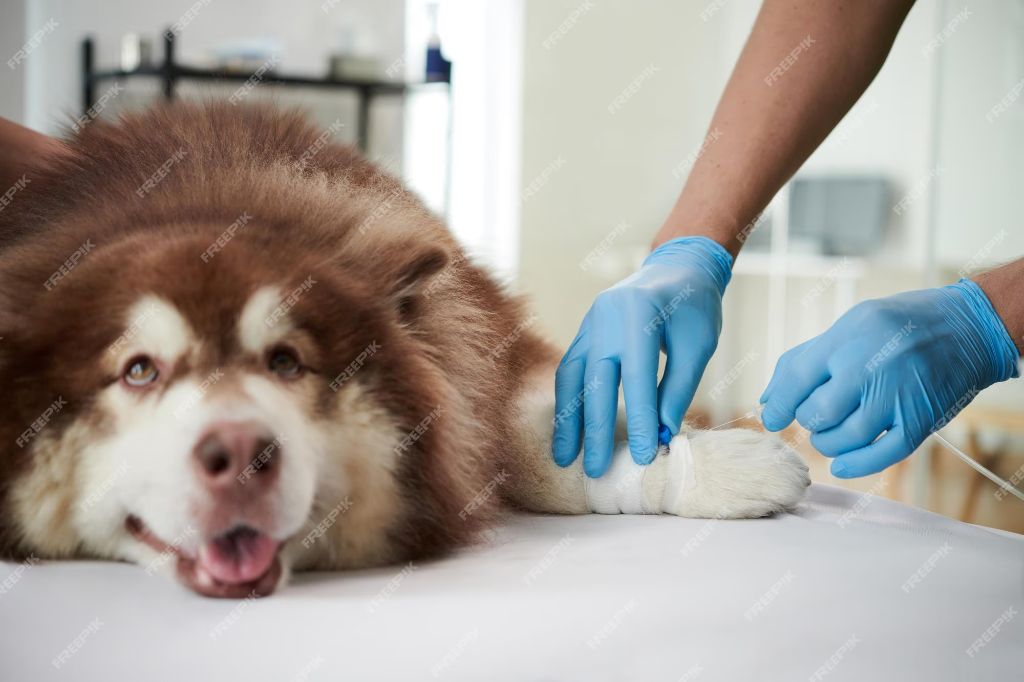 a vet injecting a vaccine into a dog's rear leg