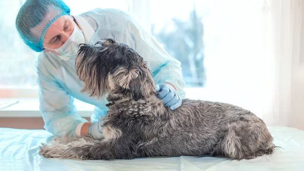 a veterinarian examining a lump on a dog