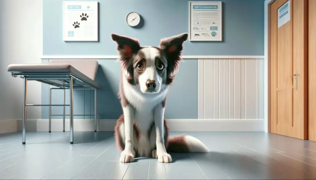 an anxious brown and white dog being comforted by a worker in a boarding kennel.