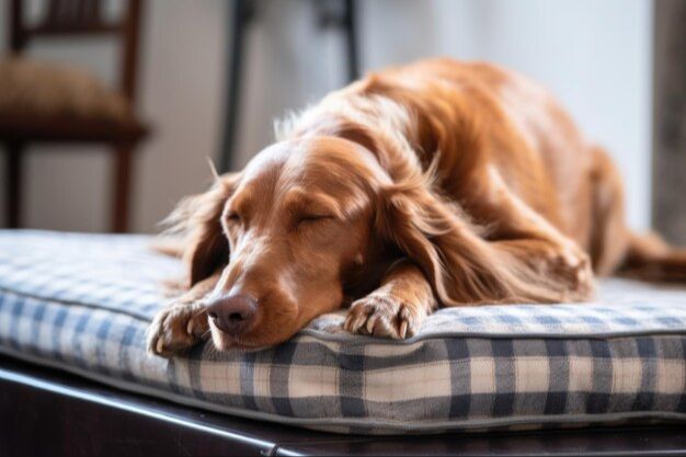 an elderly arthritic dog resting on a thick orthopedic dog bed.