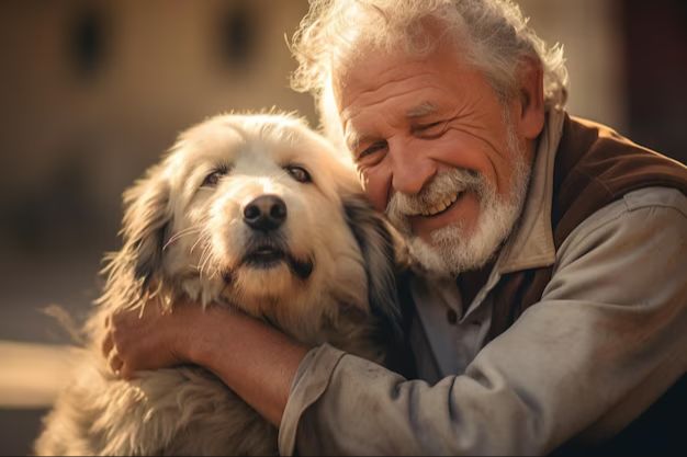 an elderly man hugging his dog