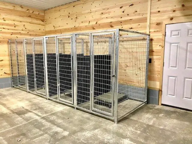 an enclosed outdoor dog pen made from metal fencing