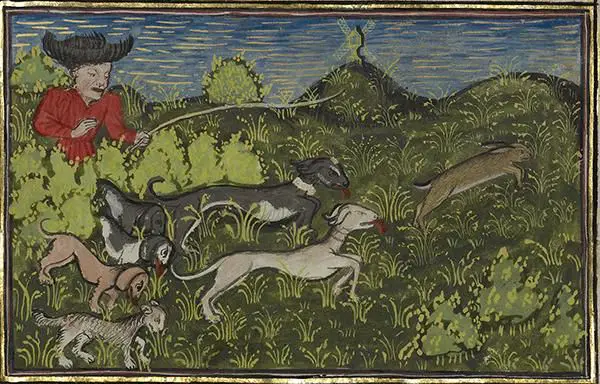 an engraving of an aristocratic hunting party with dogs from the middle ages