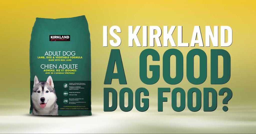 an open bag of kirkland signature dry dog food, with some kibble spilled out.