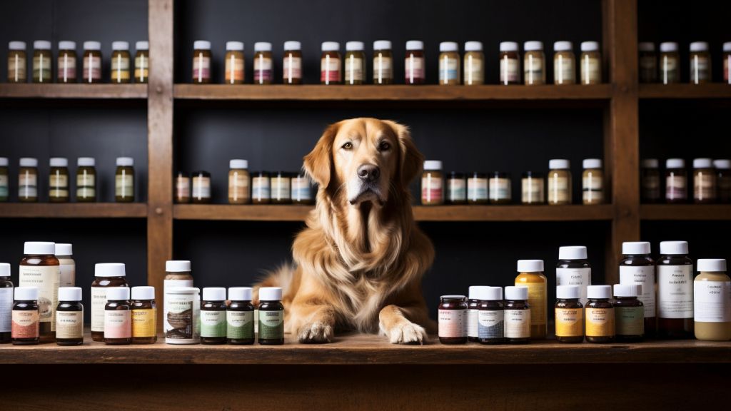 bottles of dog dietary supplements on a shelf.