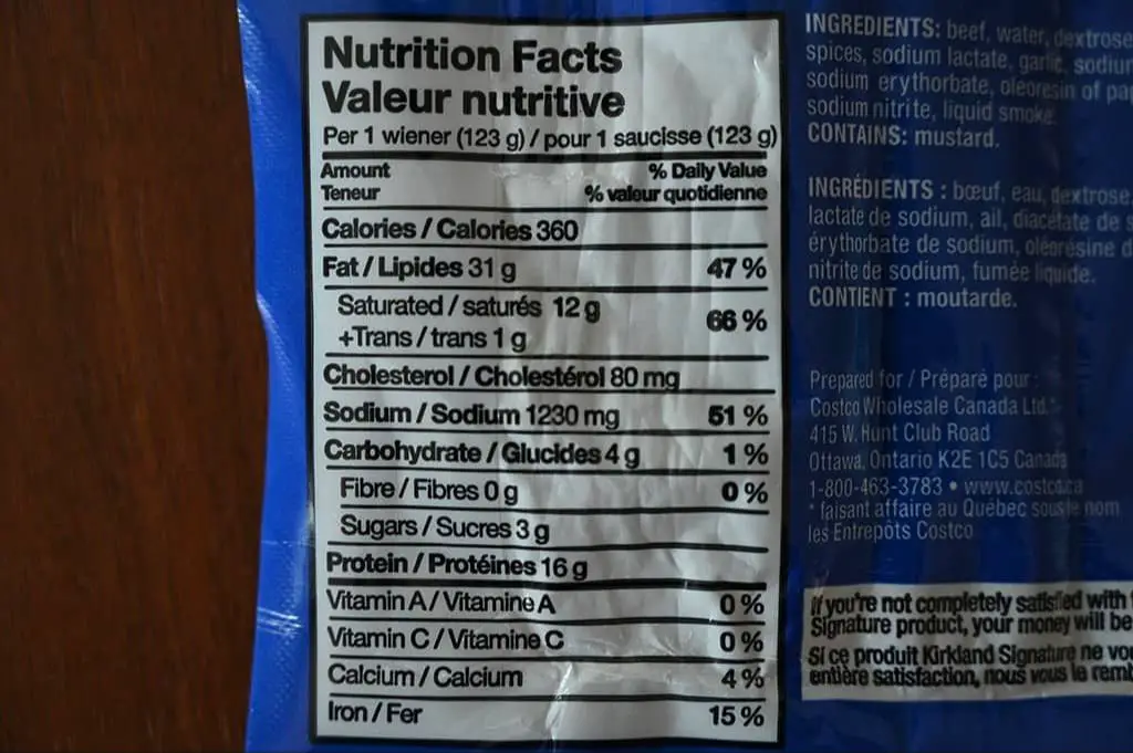 close up of the ingredients label on a costco hot dog package.