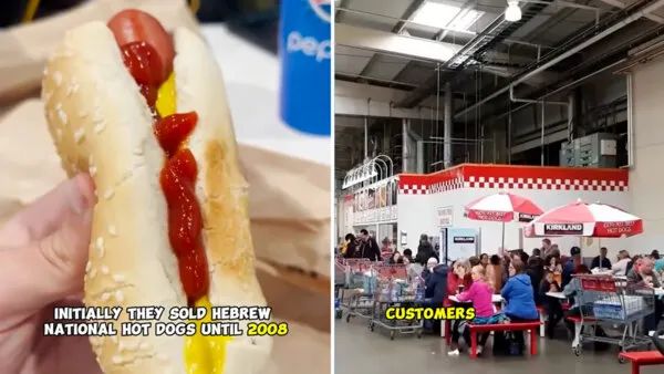 costco employee preparing a hot dog at the food court counter.