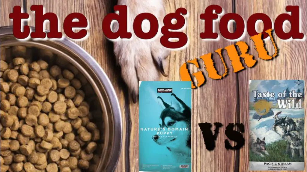 costco kirkland brand and nature's domain dog food bags compared side by side.