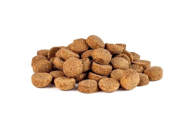 dry dog food kibble pieces on white background