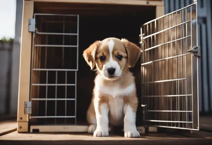 giving a puppy praise and a treat for being quiet and calm in its crate