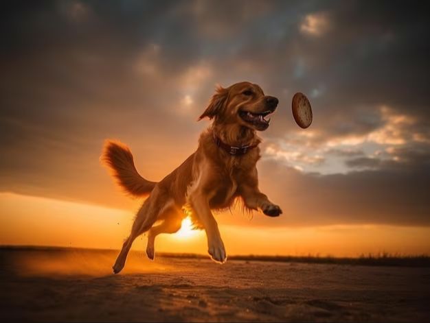 golden retriever leaping to catch frisbee