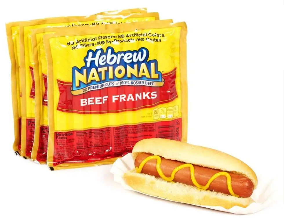 hebrew national hot dogs on display in a grocery store.