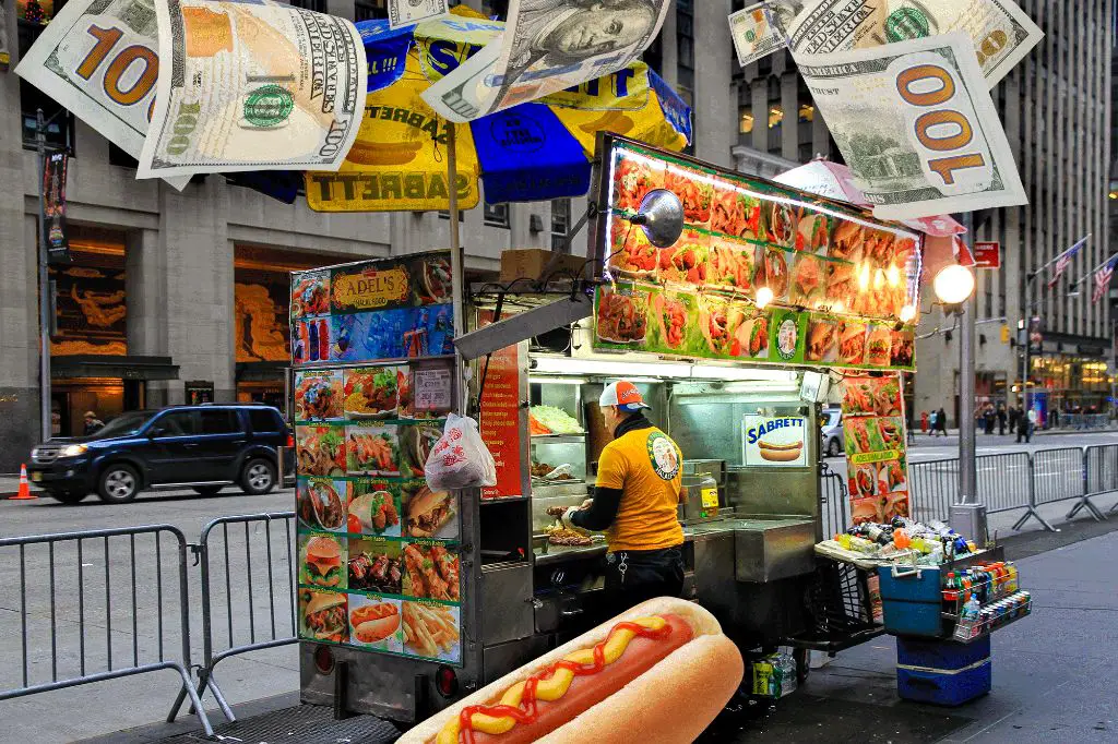 hot dogs on a stand in new york city