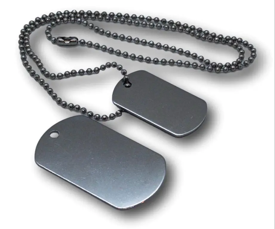 modern laser-etched stainless steel military dog tags.