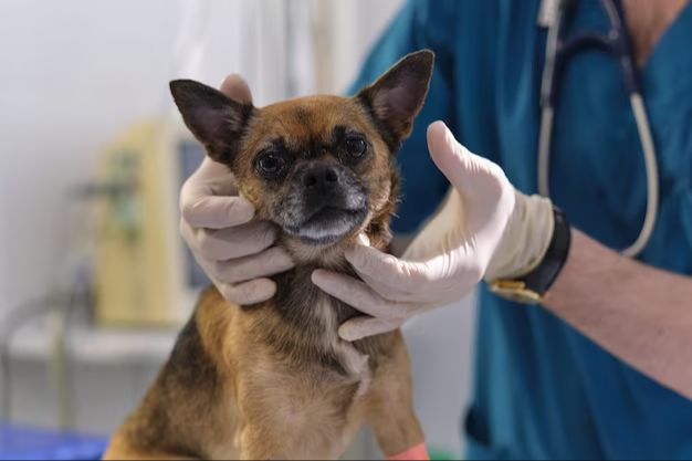 owner checking dog's swollen lymph node